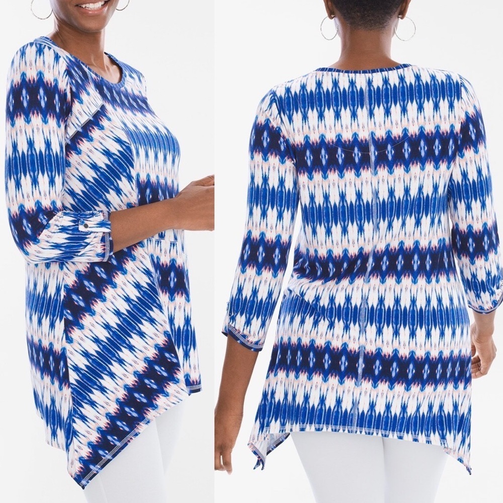 Chico’s Zenergy Ikat Print Tunic Top Sz L